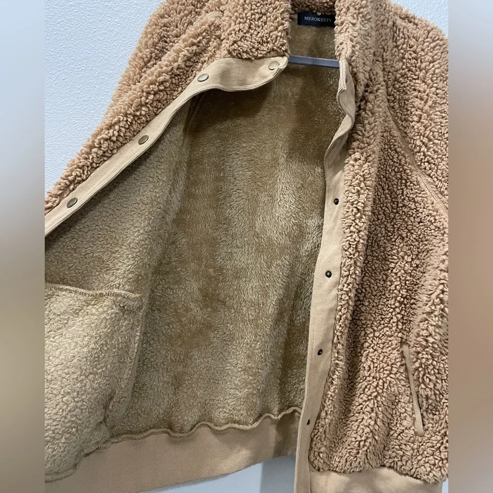 Merokeety Women’s Retro Deep Pile Teddy Bear Sherpa Fleece Jacket - Picture 3 of 6